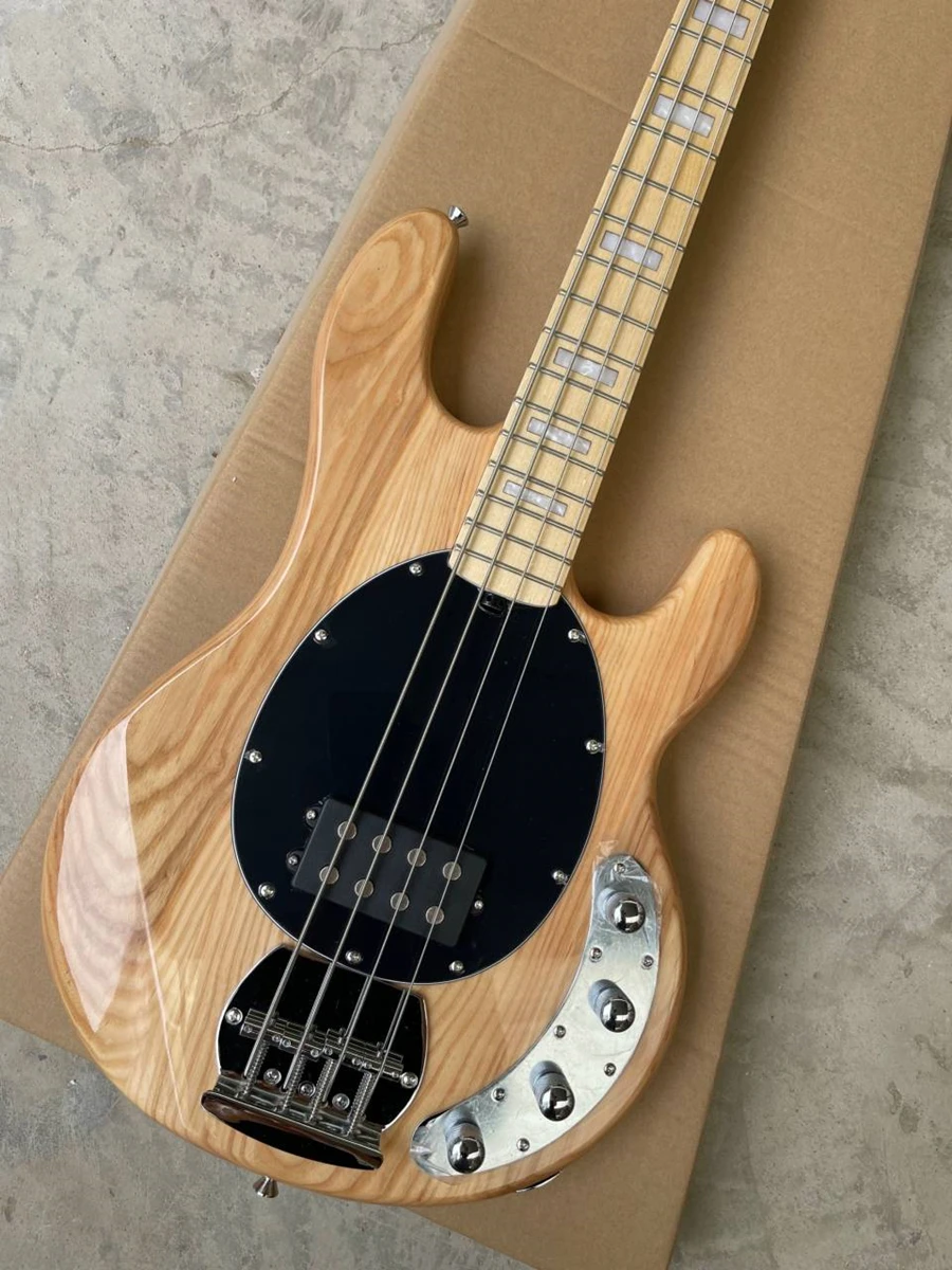 Flyoung 4 Strings Ash Body Electric Bass Guitar with White Block Inlays,Humbucker Pickups,Offer Customize