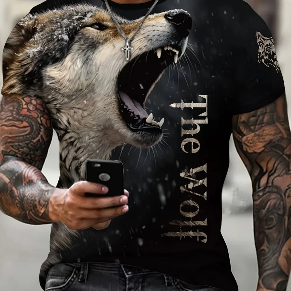 2024 New Animal Fun Wolf 3D Printed Men\'s T-shirt Personalized Extra Large Boys Retro Fashion Round Neck Short Sleeve