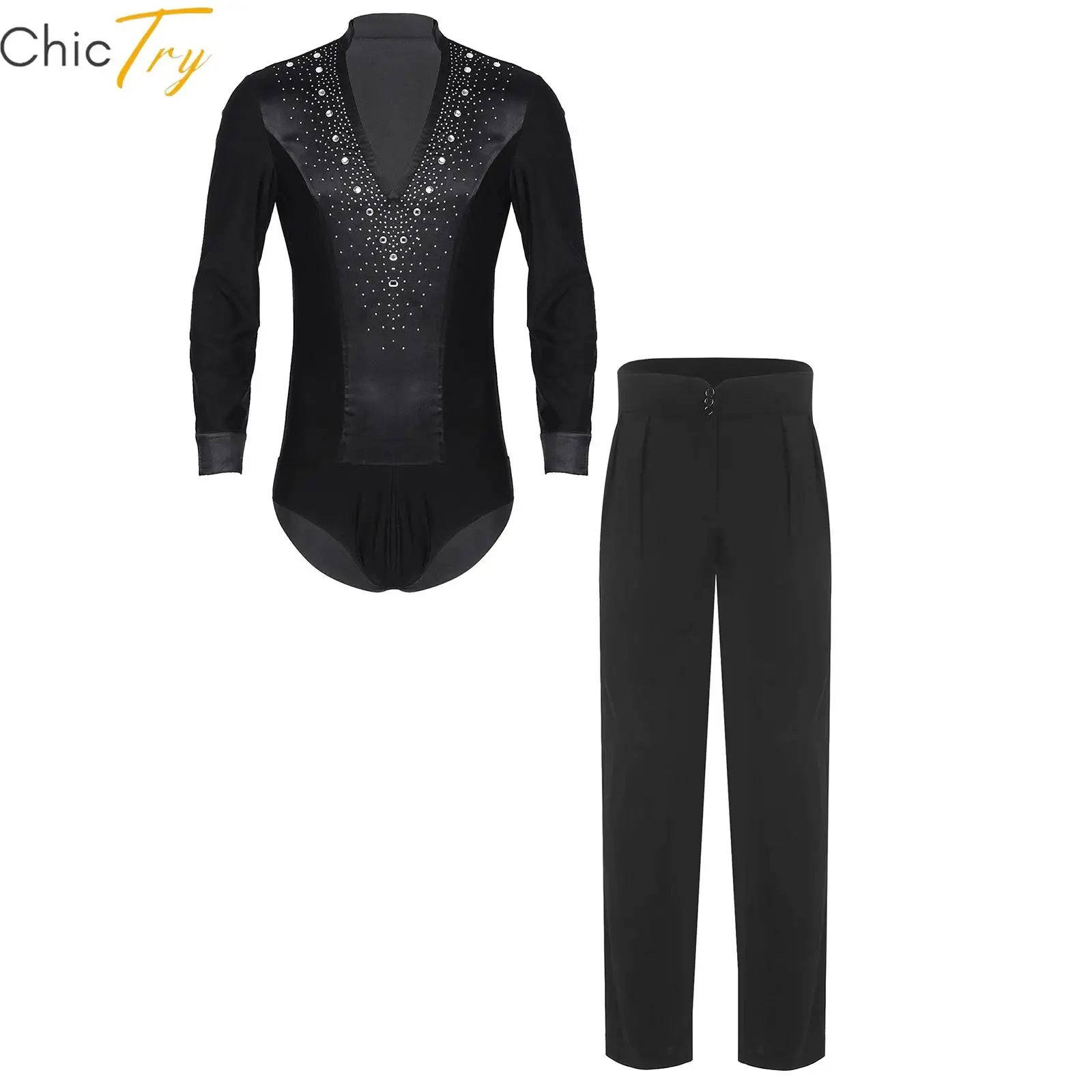 メンズラテンバレエダンスレオタードセット体操トレーニング衣装ラインストーンボディスーツとハイウエストパンツステージパフォーマンス用