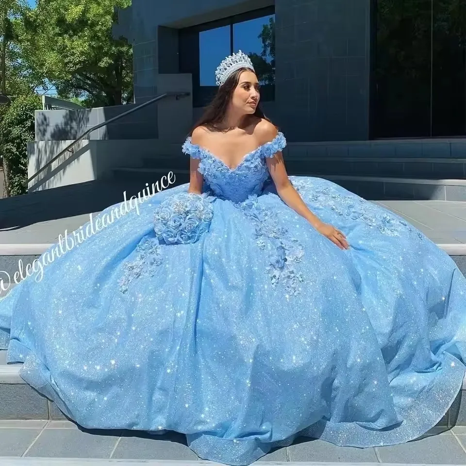 Maßgeschneiderte Schatz-Ballkleid-Quinceanera-Kleider, hellblaue Spitze, applizierte Damen-Partykleider, Vestidos de 15 Años Elegantes