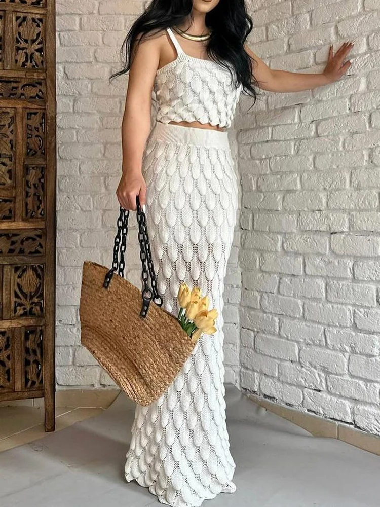 DEAT Elegant 2 Pcs Set Slip Knitted Top Elastic Waist Floor-Length Solid Skirt Women\'s Suits 2024 Summer New Fashion 35Z898