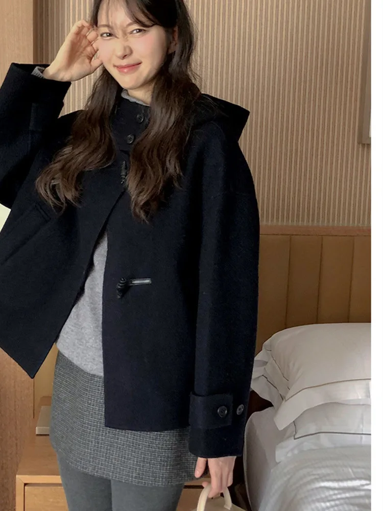 

Chic Anti-Aging Winter Woolen Coat Women's Loose Hooded Cardigan College Sle Design Long Sve Regular Length Outerwear