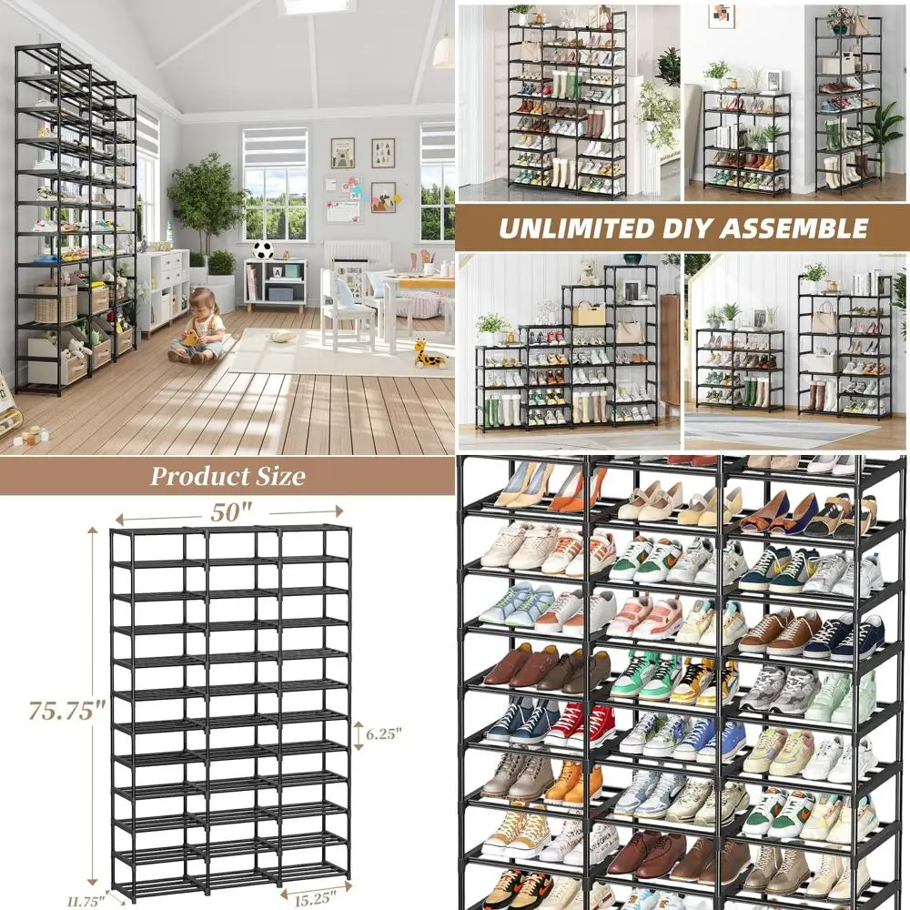

Большая высокая металлическая полка для обуви на 72 пары, 3-х уровневый 12-рядный органайзер для домашнего прихожей, шкафа, спальни - черный