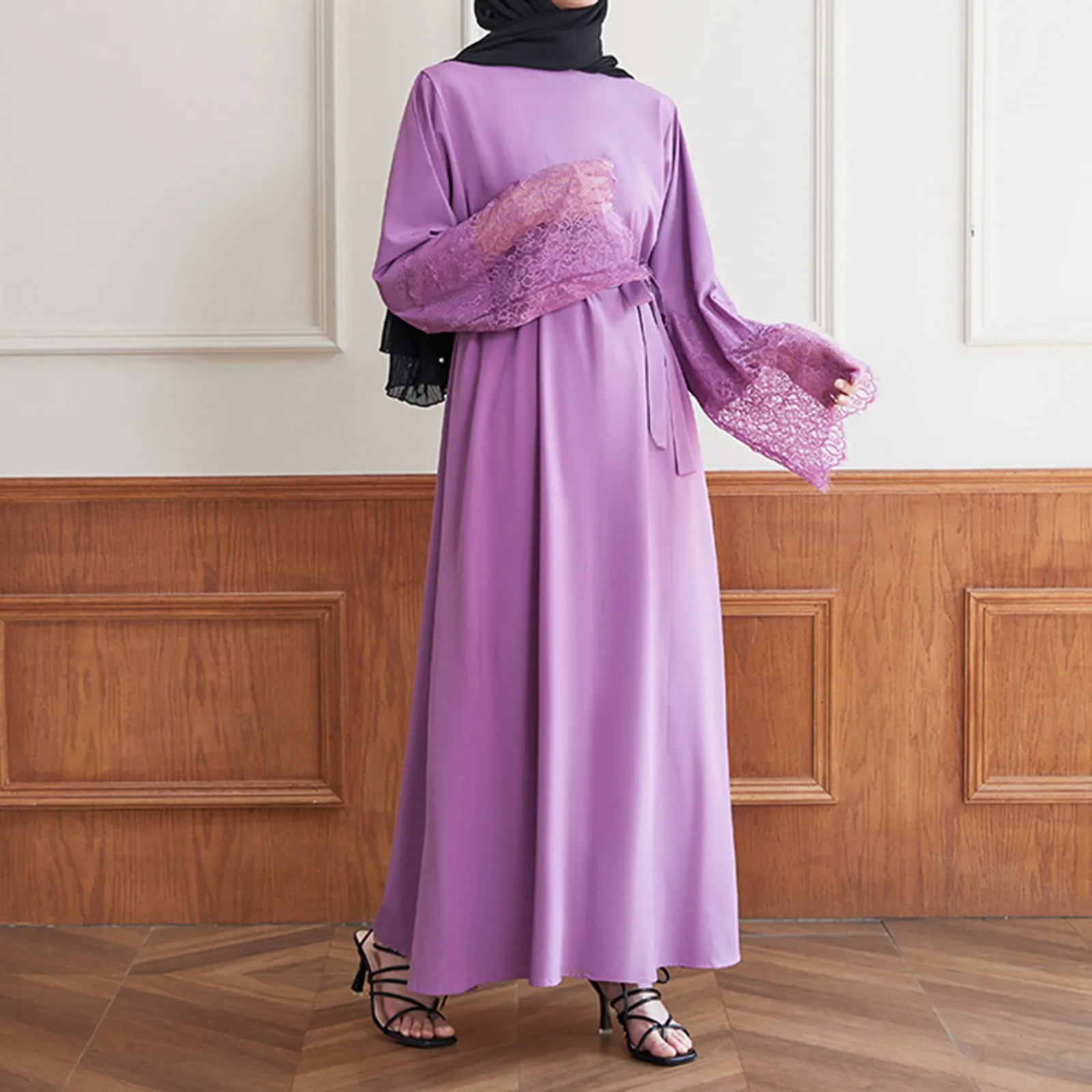 

Women's Muslim Long Sleeve Dress Vintage Pullover Abaya Prayer Clothes Sunday Dress For Women Lace Solid Ramadan Robes Moroccan