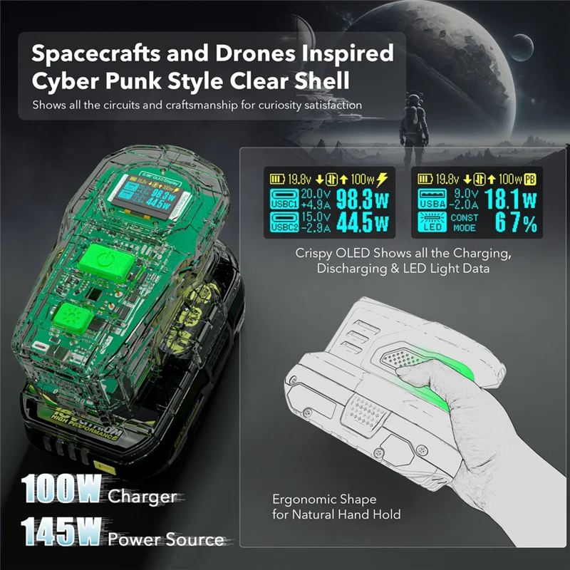 AEE7-Fast Charger For RYOBI 18V ONE+ Battery Recharger Lithium Battery 100W Fast Charge USB Port Two-Way Charger PSC