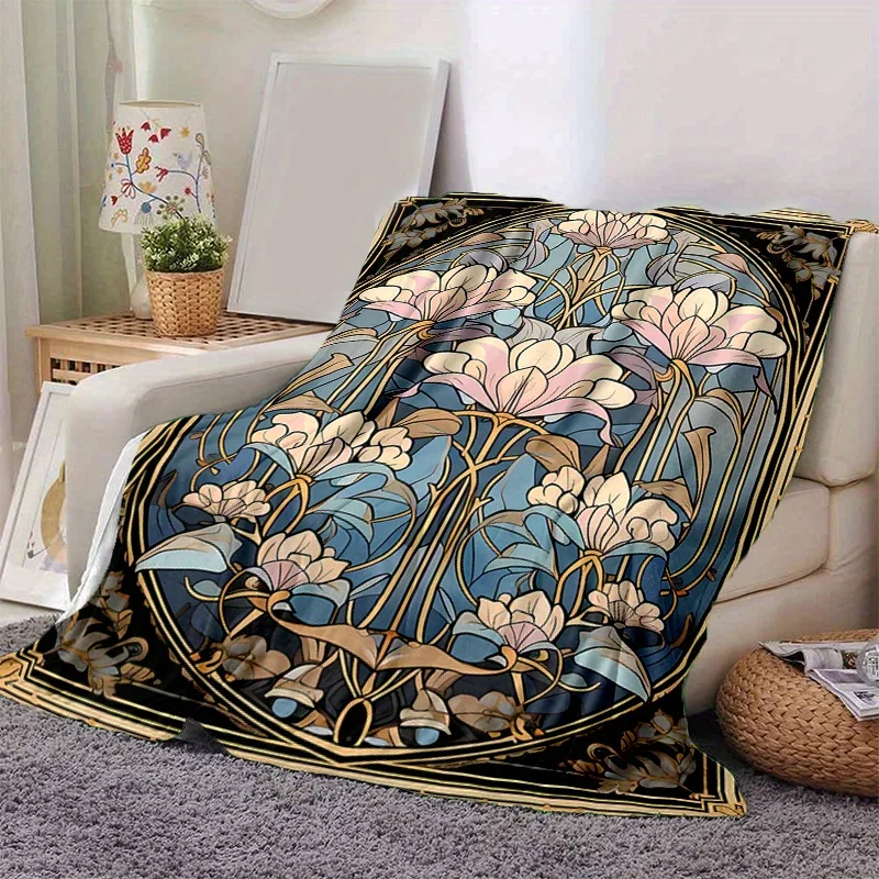 Vintage Art Nouveau Lotus Golden Frame Stained Glass Print Blanket, Light Flannel Throw For Couch, Elegant Floral Daily Blanket