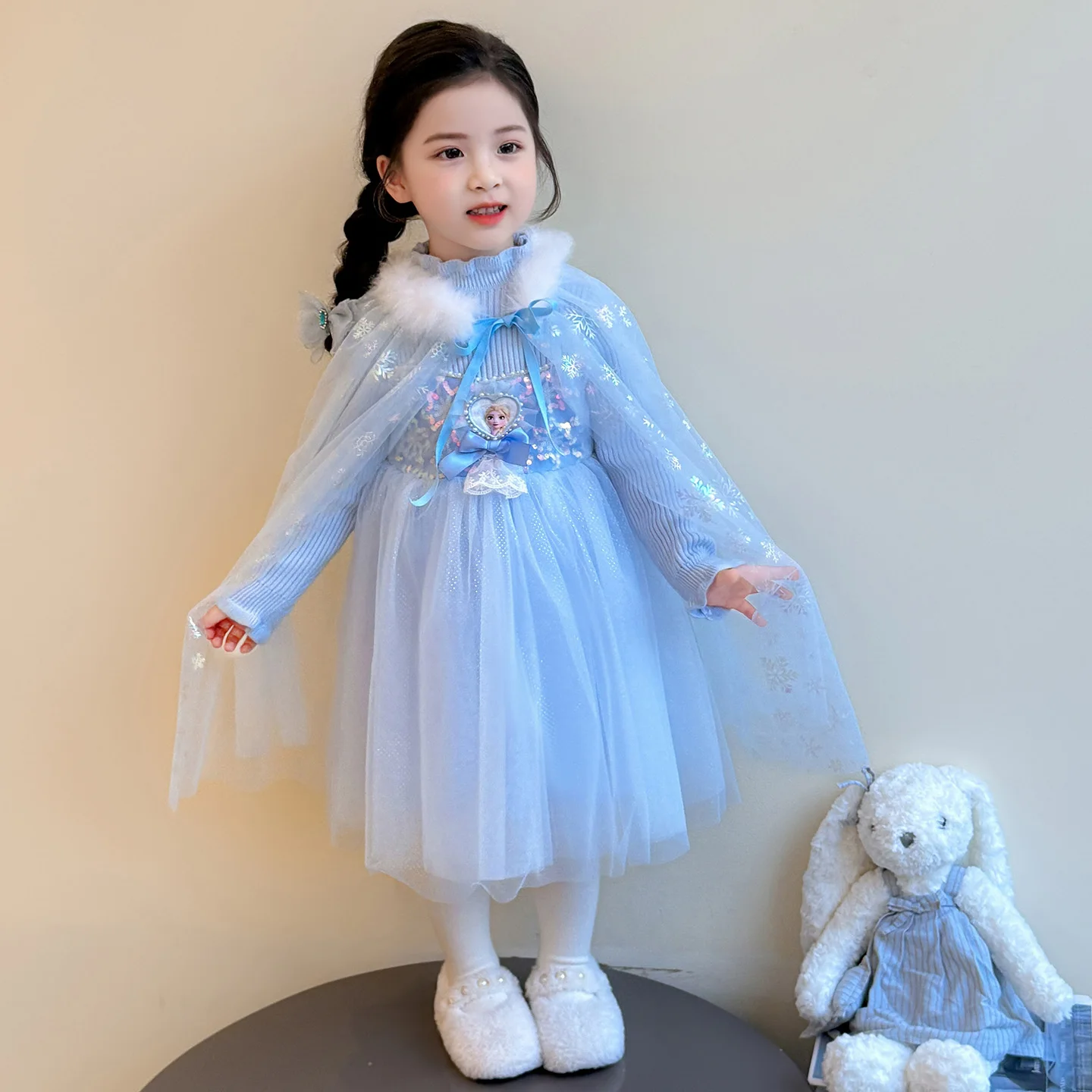 

Blue Elsa Princess Dress for Girls Fashion High Collar Knitted Long Sleeve Gowns Children's Cartoon Sequined Chiffon Dresses