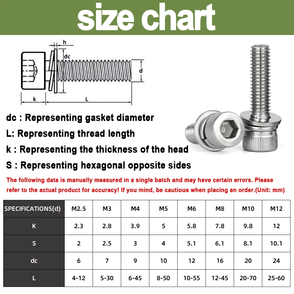 304 Stainless Steel Cup Head Hex Three Combination Screw Cylindrical with Flat Screw Combination Bolt M2 M2.5 M3 M4 M5 M6 M8 M10