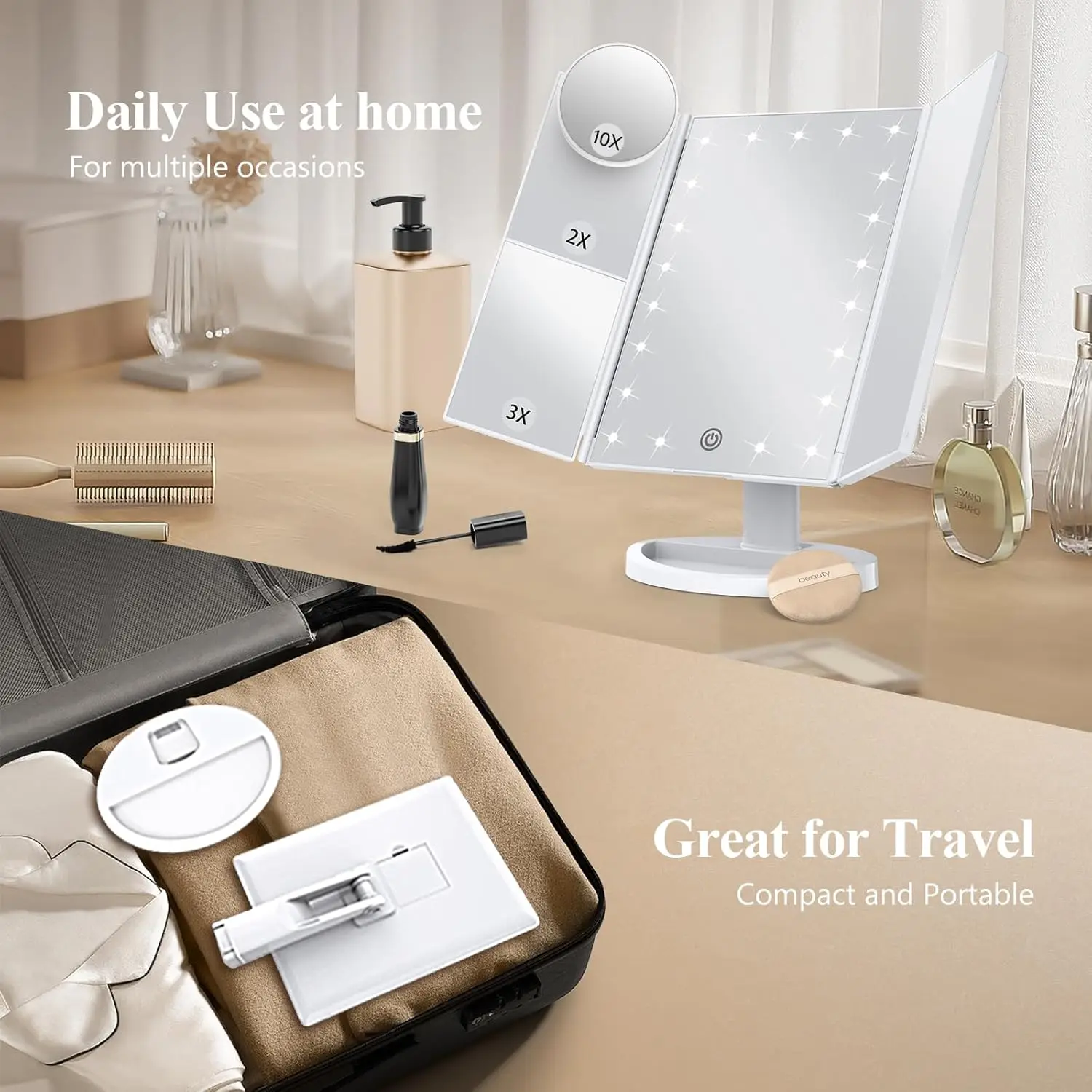 1pc Portable Makeup Mirror Vanity with LED Lights 2X 3X 10X Magnification Lighted Mirror Touch Control Trifold Dual Power Supply