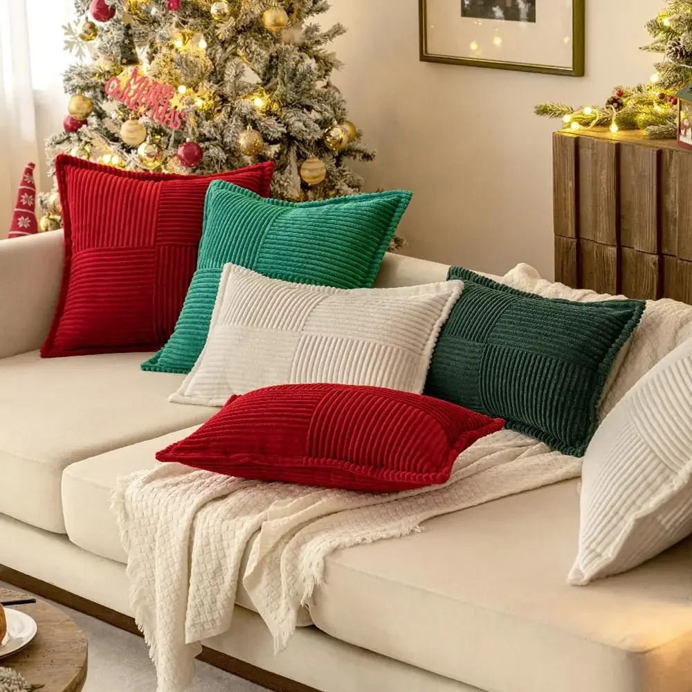 Christmas Red Corduroy Soft Soild Decorative Square Christmas Throw Pillow Covers Cushion Cases Pillowcases for Sofa 45x45CM