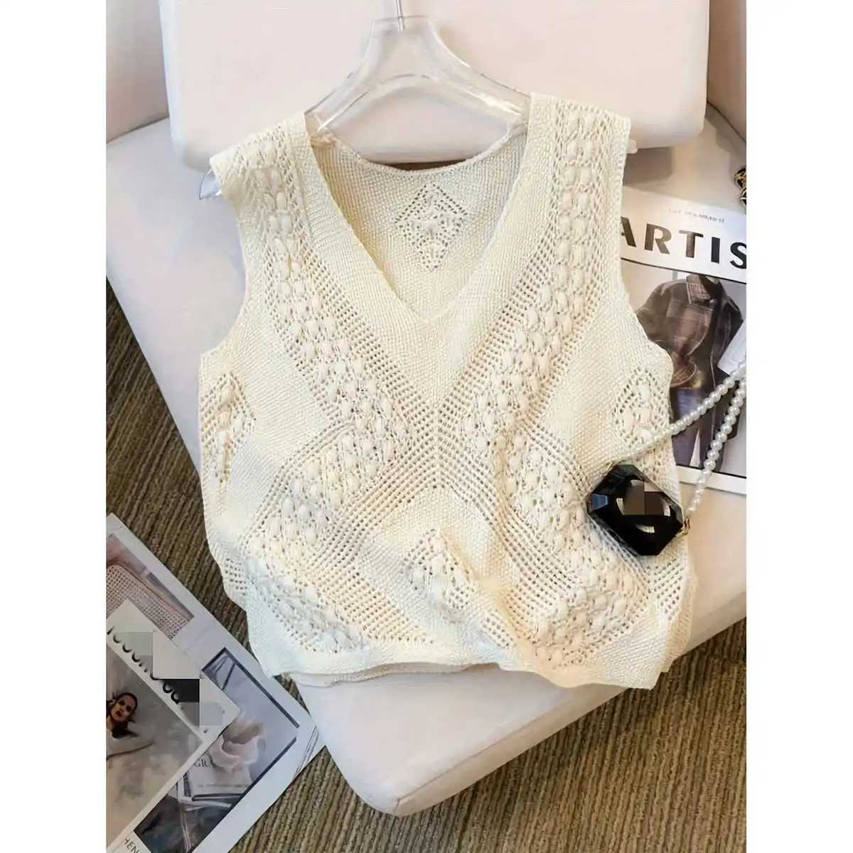 Gilet Smanicato con Scollo a V e Spacco, Moda Femminile, Stile Street, Vestibilità Slim, in Cotone, Colorato, Lunghezza Regolare per la Primavera