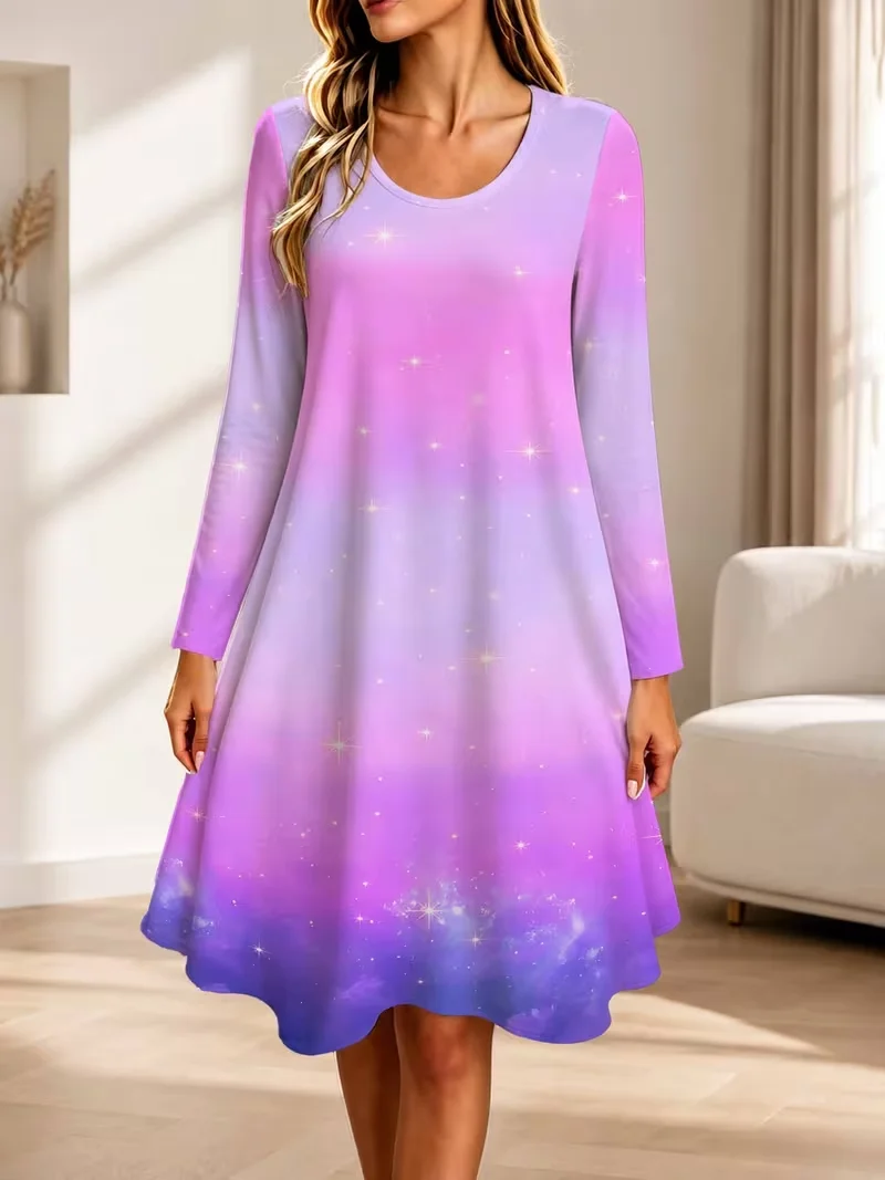 Ladies' autumn and winter long sleeve round neck casual mini dress 3D colorful gradient elegant retro loose A-line dress Vestido