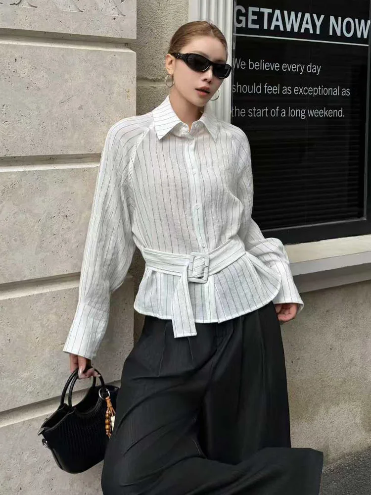 

Elegant Striped Shirt Women's Spring Design Slimming Waist Belt Intellectual Ladies Shirt New French Style Long Sleeve Button up