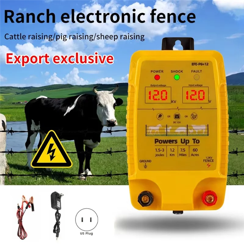 

ABFY-Electronic Pulse Fence Electronic Fence Booster 5KM 12V Energizer Controller For Animals Livestock US-PLUG