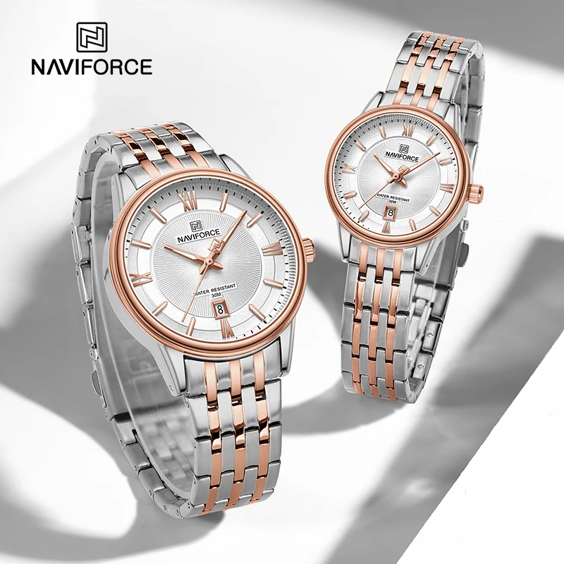 NAVIFORCE-Reloj de pulsera sencillo para pareja, cronógrafo de cuarzo con correa de acero inoxidable, resistente al agua, luminoso, calendario