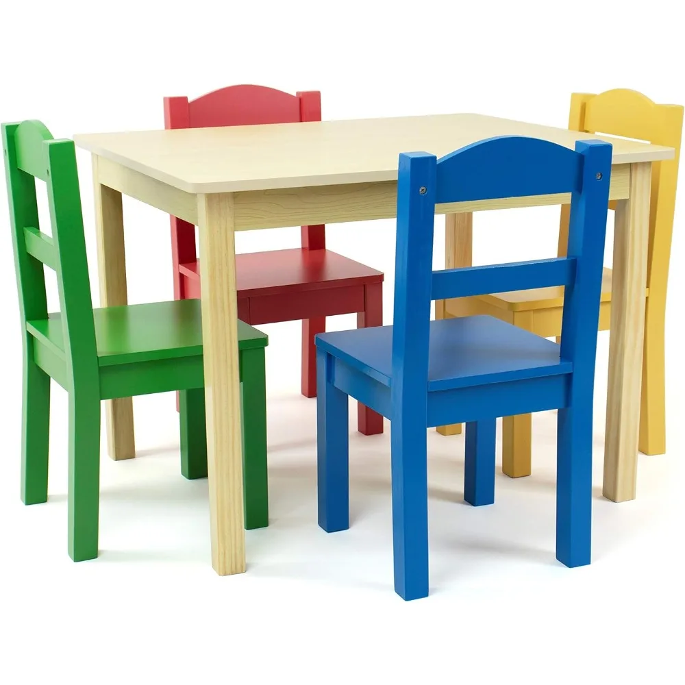 

Crew Kids Wooden Table and 4 Chairs Set, Natural/Primary - Kids Table and Chair Set for Toddlers and Children for Arts, C