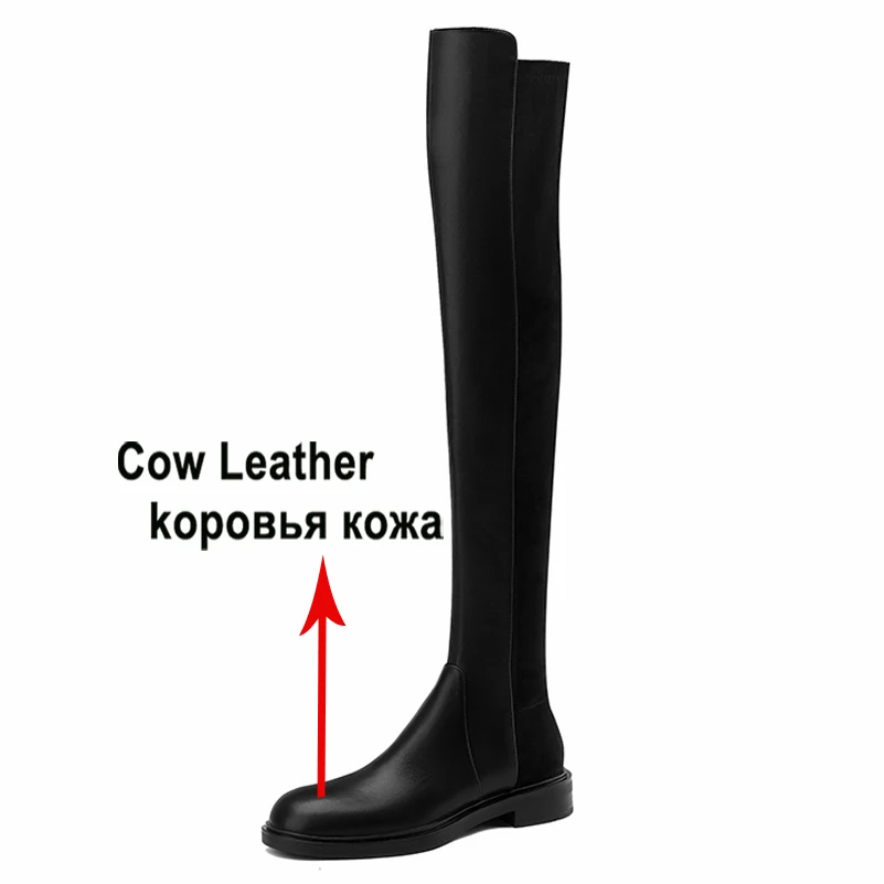 Meotina Women Genuine Leather Thigh High Boots Round Toe Flat Zipper Ladies Fashion Over-the-Knee Long Boot Autumn Winter Shoes