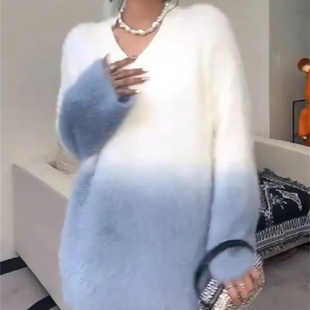 

New Gradient V-Neck Plush Pullover Sweater Long Sleeve Imitation Mink Gentle Style for Women Autumn Winter Fashion Top
