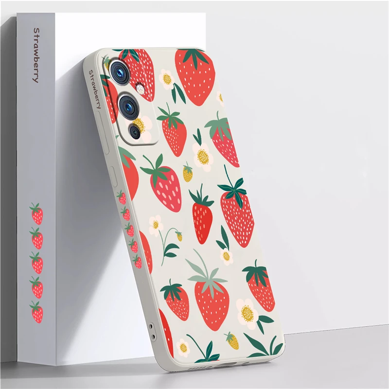 Cute Liquid Silicone Pattern Case For OnePlus One Plus 9 9R  8 7 7T Pro Nord 2 5G Painting Strawberry Soft Fruit Cover