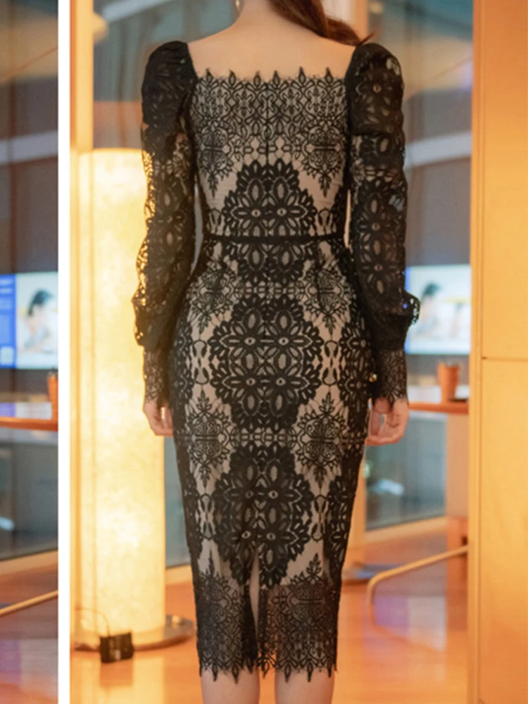 New Elegant Retro Party Dress Women Spring Sheer Perspective Black Lace Long Sleeves Sexy Robe Office Lady Vestidos MIdi Clothes