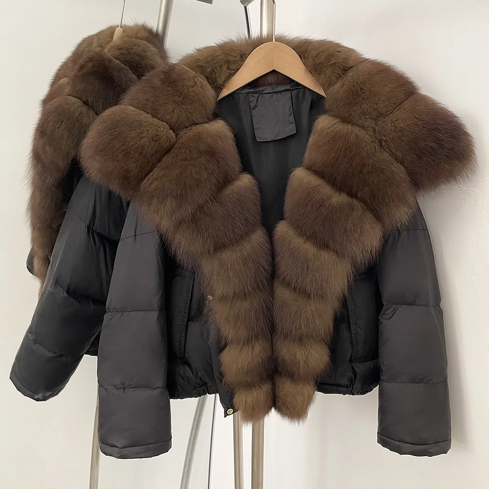 2025 Winter Korean Style Elegant Fashion Short Down Jacket Big Fox Fur Collar Drawstring Slim Thick Warm Down Coats for Women
