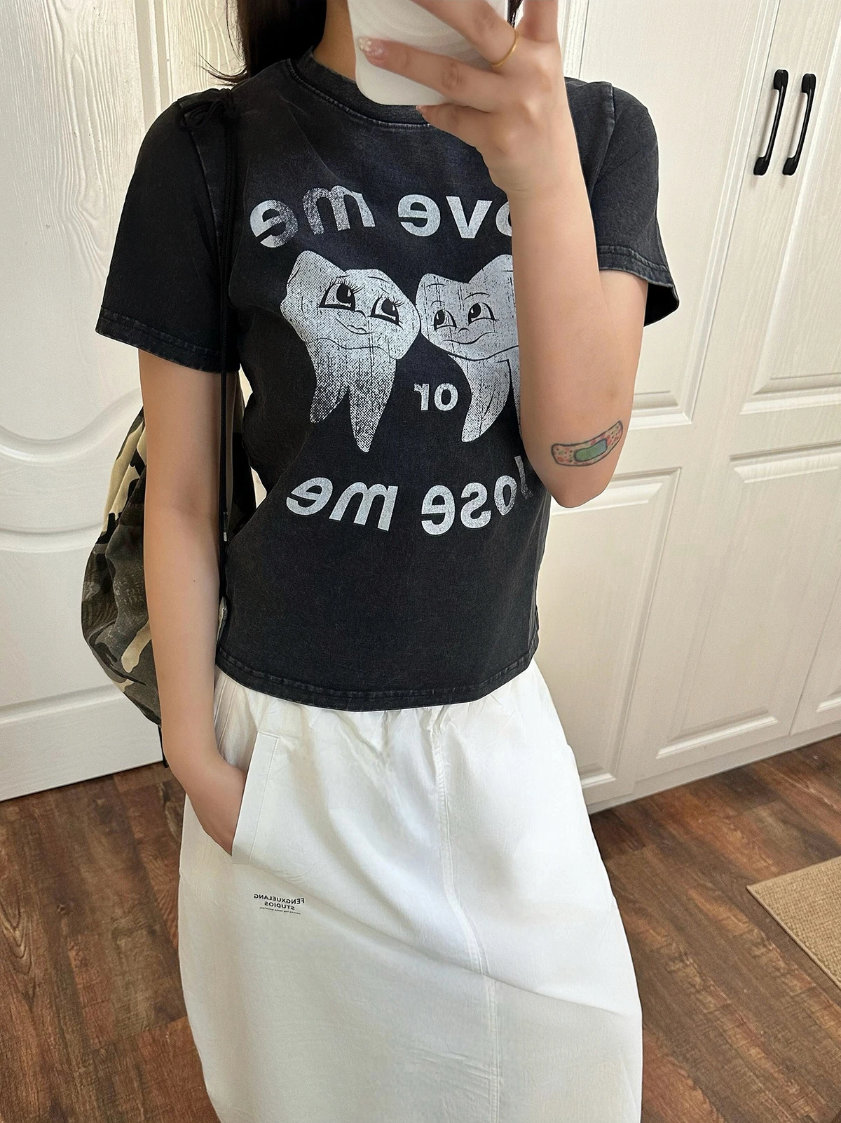 Sakura Cotton Short Sleeve T-Shirt Women's Slim Fit Printed Casual Style round Neck Summer Fashion Top Fun Tooth Stamp Design