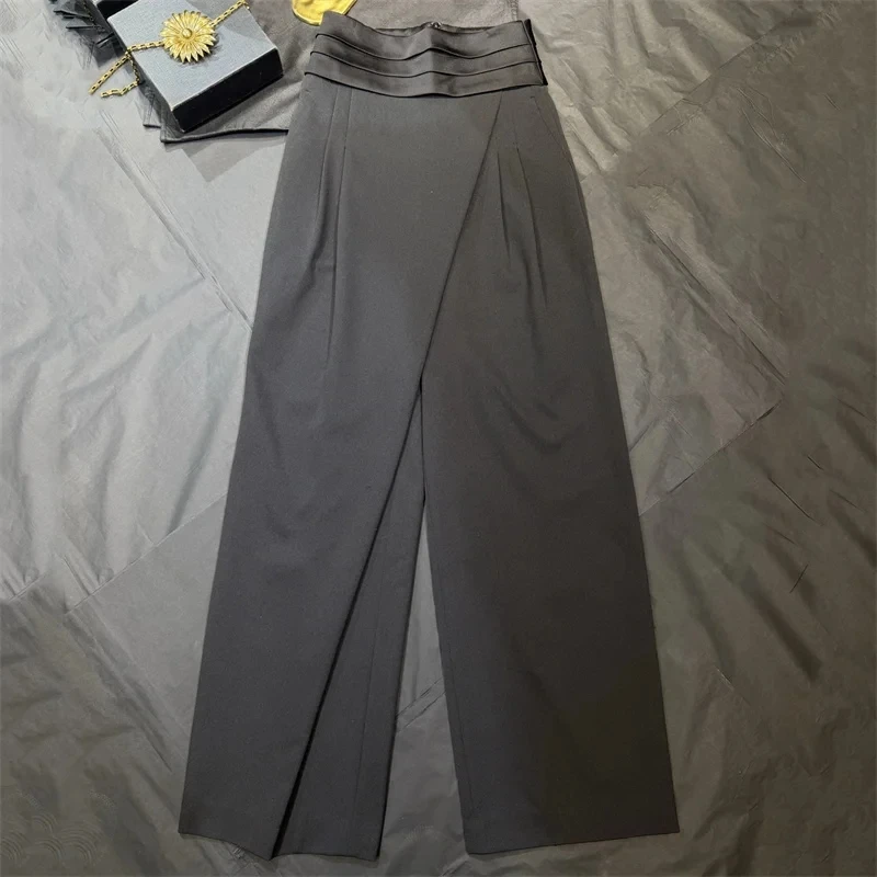 Women's pants New high waisted slim fit straight leg pants for spring 2026 Satin patchwork wide leg pants Asymmetric trousers