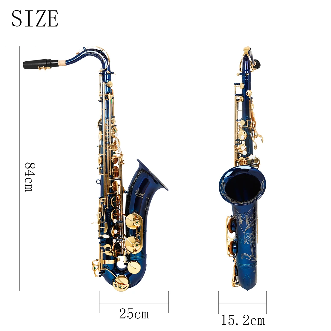 Blue Gold Tenor Saxophone Bb Flat Handcrafted Engraved  Brass Body Tenor Sax with Pearl Keys Full Bundle Best for All Levels