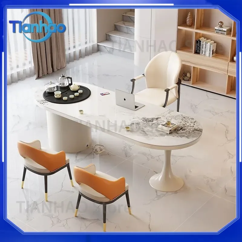 Cream Style Modern Simple Reception Table Chair Set for Household Rock Slab Tea Table Balcony Beauty Salon Use