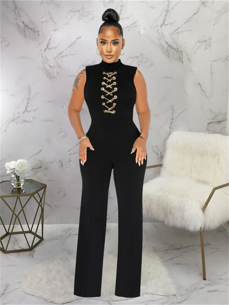 Jumpsuit Tanpa Lengan Pakaian Jalanan Pakaian Musim Panas Wanita 2025 Dekorasi Rantai Celana Kaki Lurus Romper Panjang Pakaian Terusan Satu Potong
