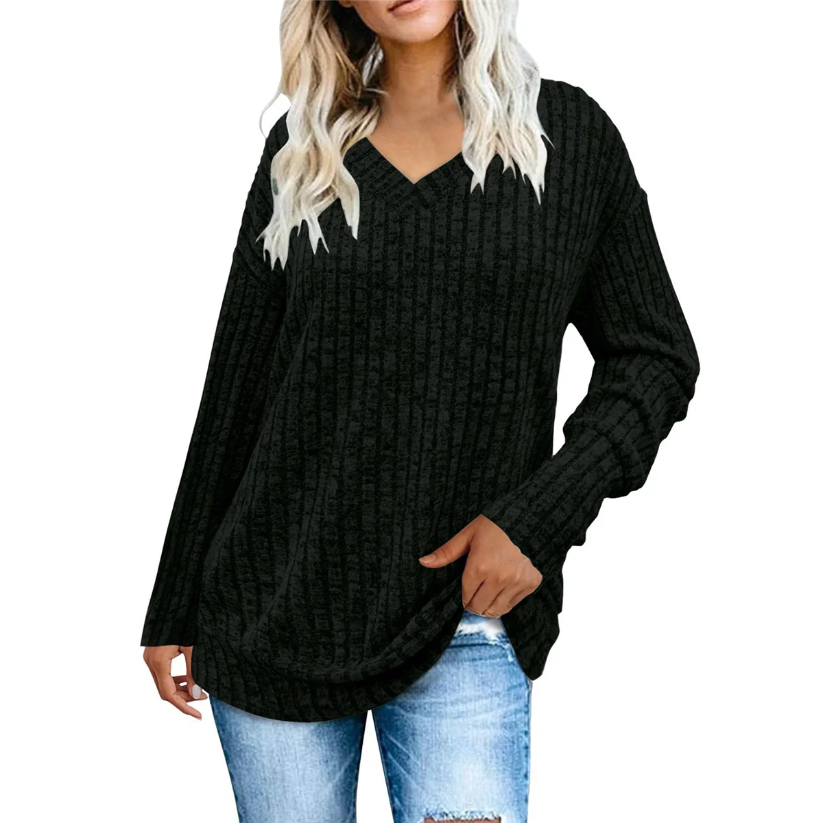 ABRT-Damen-Hemden mit V-Ausschnitt und langen Ärmeln, lässige Herbst-Tops, leichte Tunika-Pullover, modische Tops 2025,