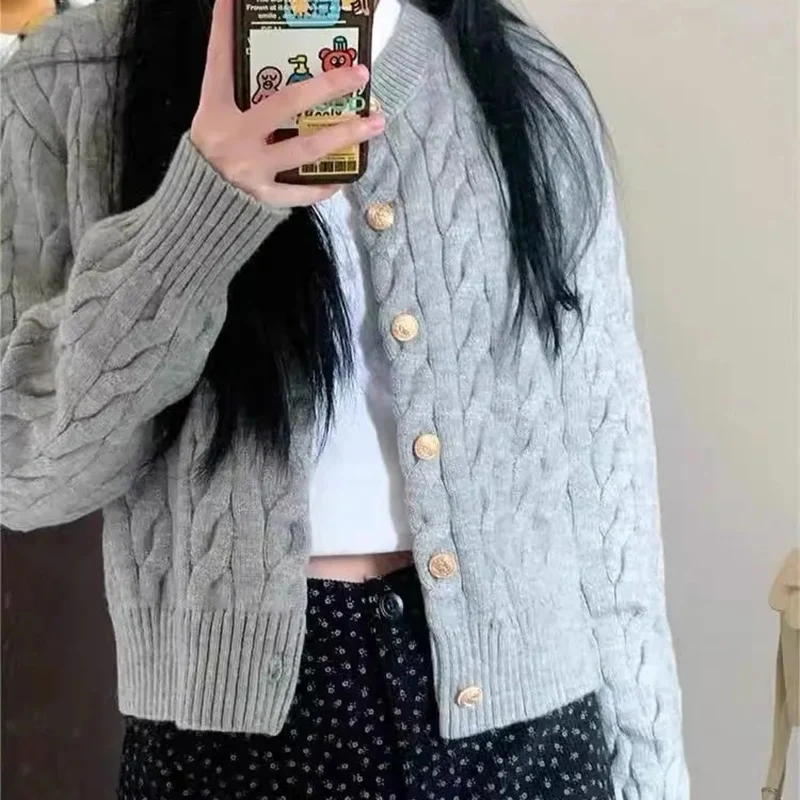 Preppy Style Gray Twist Sweater Cardigan Women Korean Chic Long Sleeve Knitted Cardigans Woman Round Neck Cropped Sweaters Coats