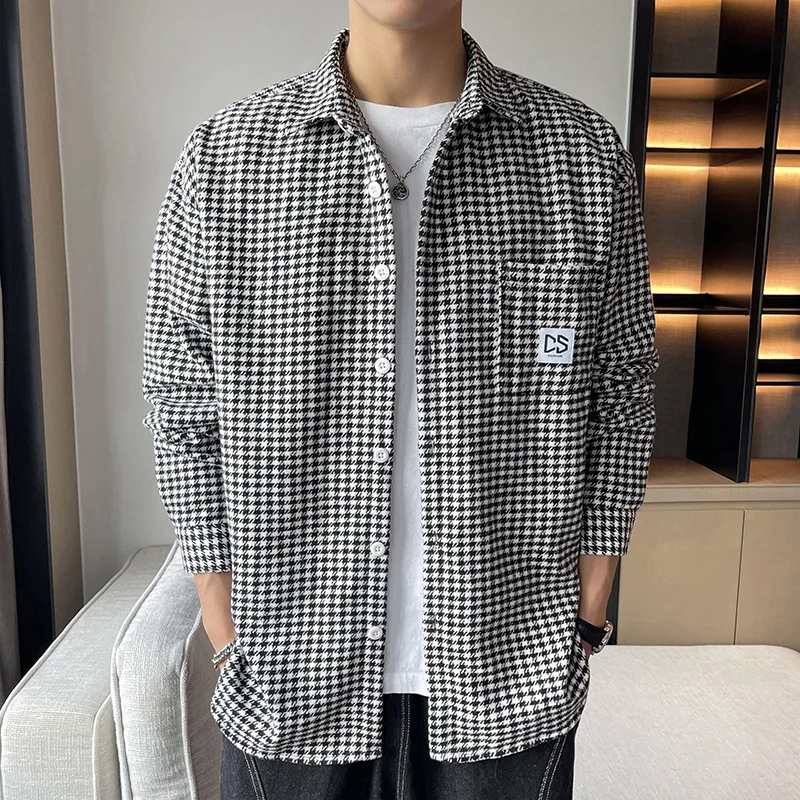 Men\'s Plaid Striped Pockets Turn-down Collar Button Letter Long Sleeve Cardigan Shirt Coats Casual Fashion Spring Autumn Tops