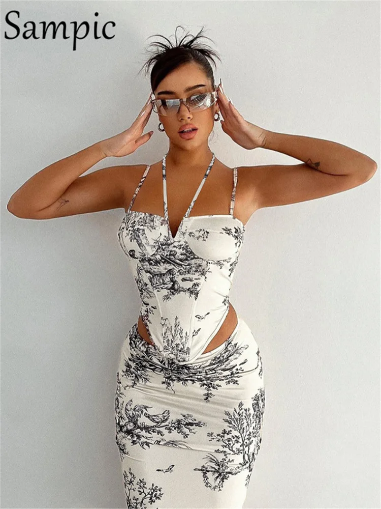 Sampic Women Skirt Suit Sexy Halter Y2K Print Corset Crop Tops And Wrap High Waist Midi Skirt Dress Two Piece Set Summer Outfits