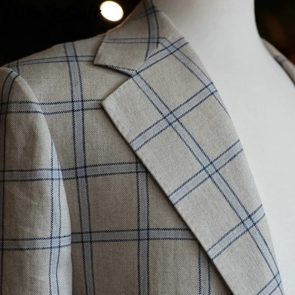 Men Light Beige Windowpane Check Linen Blazer Single Breasted Summer Italian Casual Sport Coat
