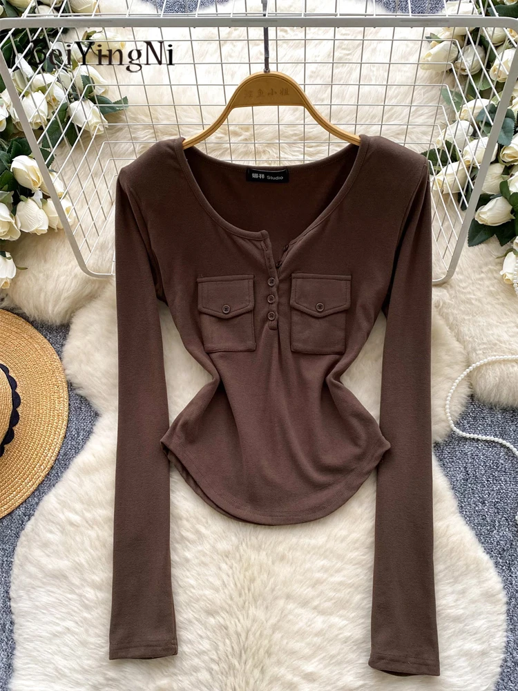 Beiyingni Sexy O-Collo Manica Lunga T-Shirt Donna Tinta Unita Bottoni Sottili Casual Stile Coreano T-Shirt Femminili Y2K Caffè Magliette e camicette