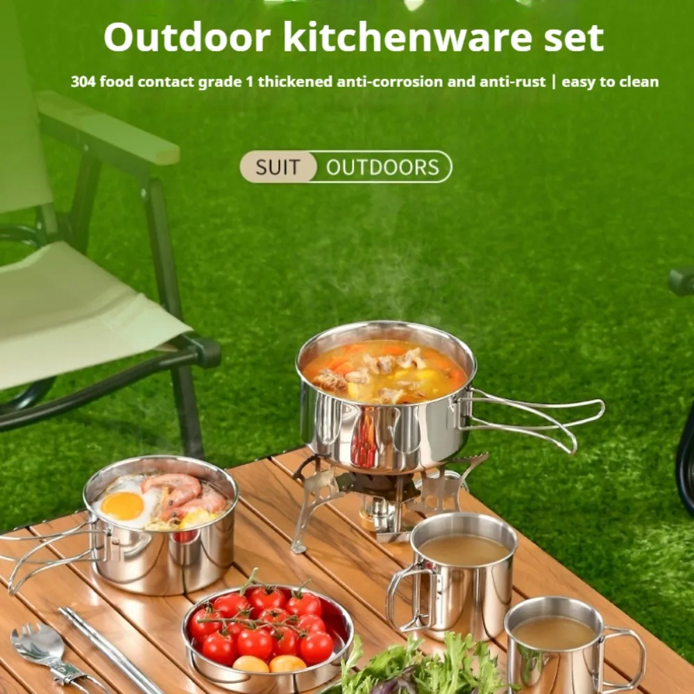 12PCS Adventure Camp Cook Set Camping Pots and Pans Family Cookset Non-toxic 304 Stainless Steel Kitchenware Set Foldable