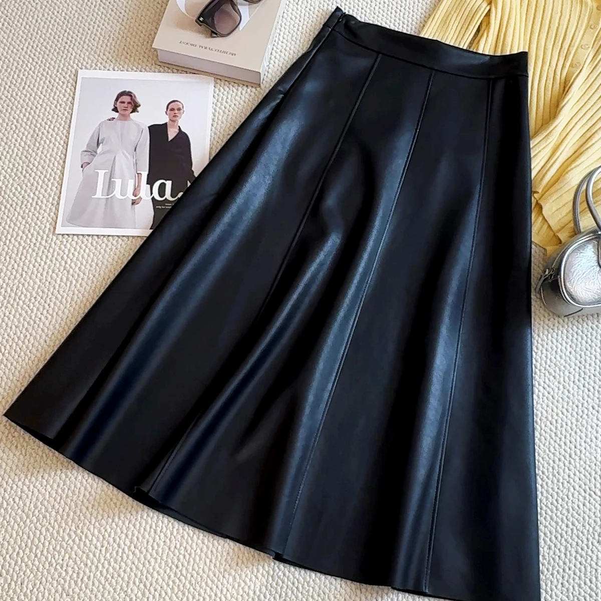 

2025 Autumn Winter Women Elegant PU Leather Black Skirt Plain Office Ladies Slim High Waist Skirts Temperament Mid-length SKirt
