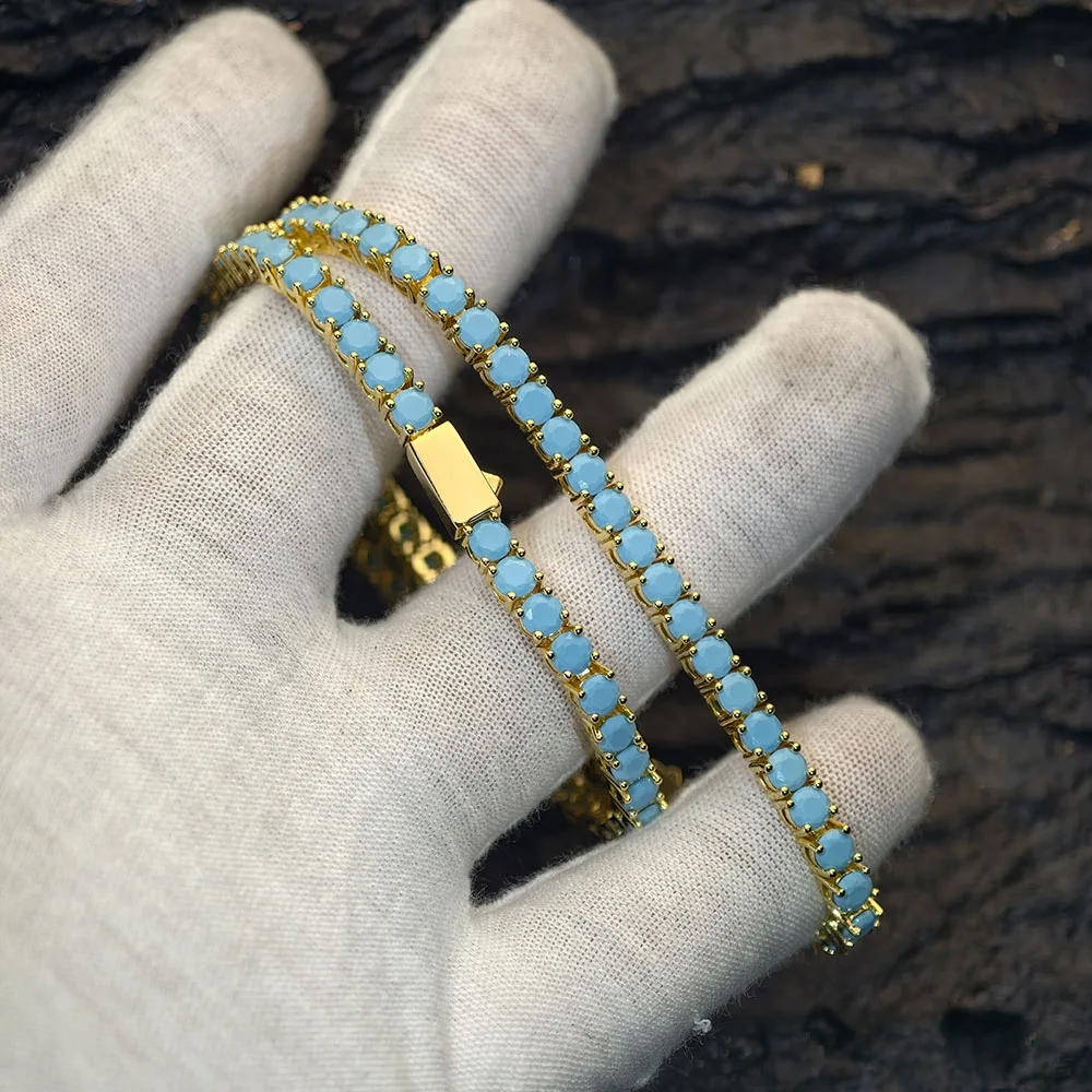 

NY Hip Hop Jewelry Custom 4mm 18K Gold Plated Blue Turquoise Tennis Bracelet Spring Clasp for Women Gift