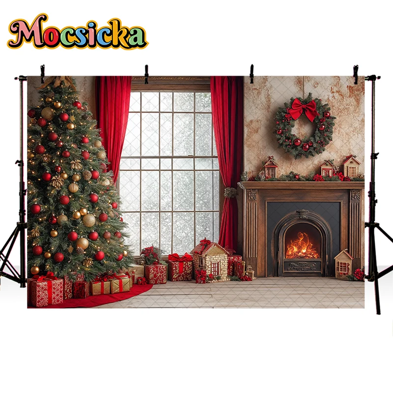 Mocsicka Xmas Czerwone Okna Drzewa Tła Dzieci Dorośli Fotografia Dziecko Dziecko Photocall Dekoracje Święty Mikołaj Tła