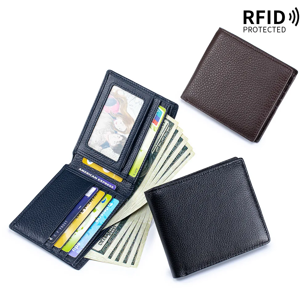 男性用二つ折り財布-rfidレザー製クレジットカードホルダー、idウィンドウと現金スロット付きミニマリスト薄型財布、運転免許証入れ