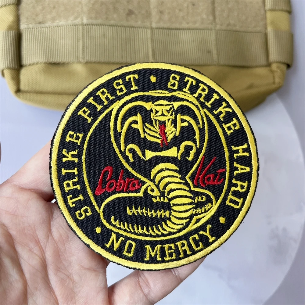 Strike First Strike Hard No Mercy Embroidered Patches Tactical Morale American Martial Arts Comedy Cobra Badge Backpack Sticker