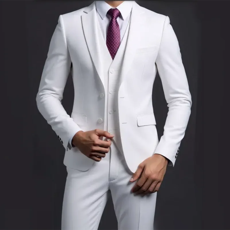 Suit (Blazer+ Vest + Trousers) Men's Fashionable Gentleman Business British Style Solid-color Banquet Host Casual Wedding Suit