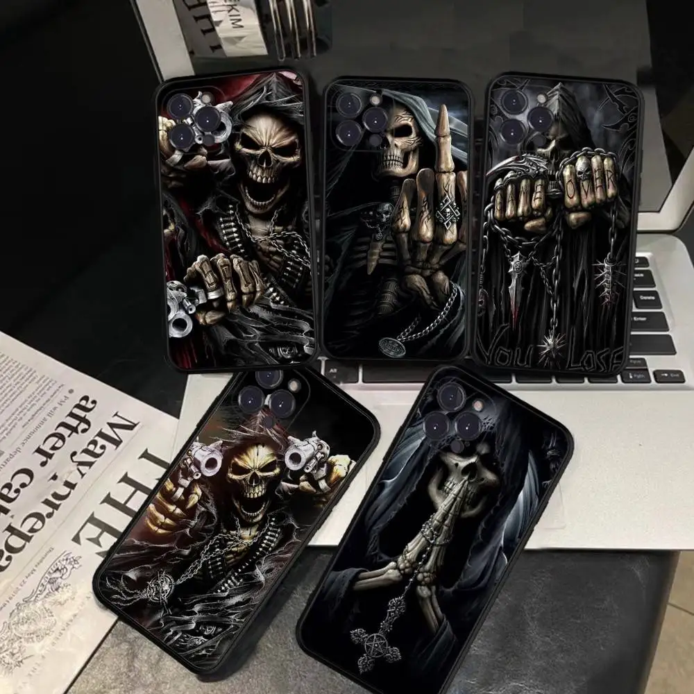 Sensenmann-Schädel-Skelett-Handyhülle für iPhone 17, 16, 15, 14, 13, 12, Mini 11, Pro Max, weiche Silikonhülle