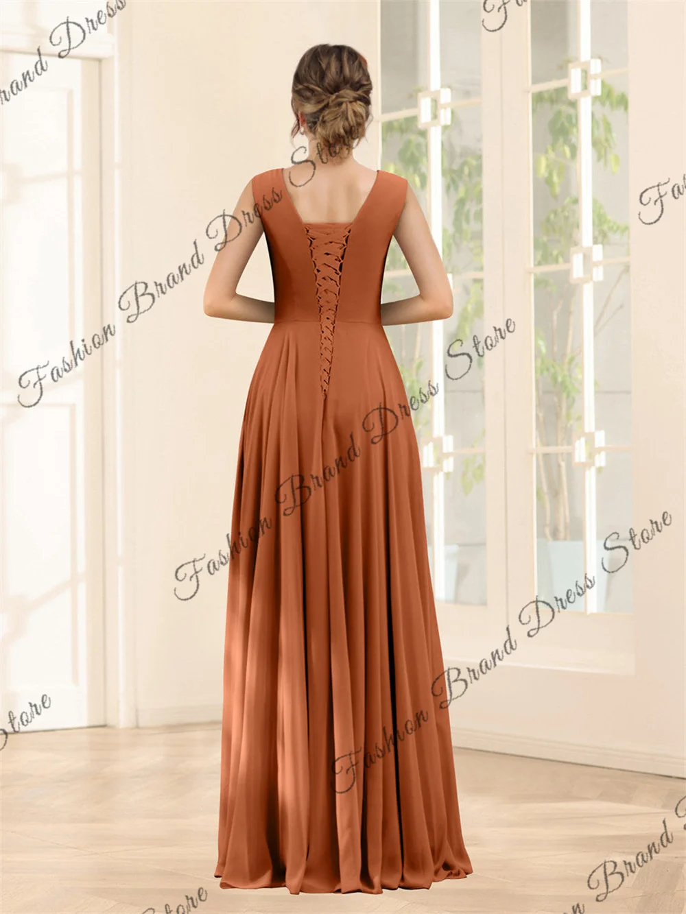 Off-the-shoulder V-Neck Chiffon Bridesmaid Dresses Sleeveless Backless Pleated Corset Formal Ball Gowns A-line Long Prom Dress