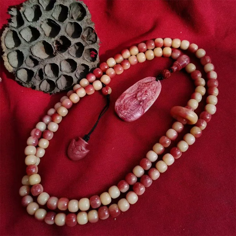 Blood bone bracelet 9*8mm 108 beads distinct tadpole pattern paired with a three-hole Guanyin pendant made of the same mat