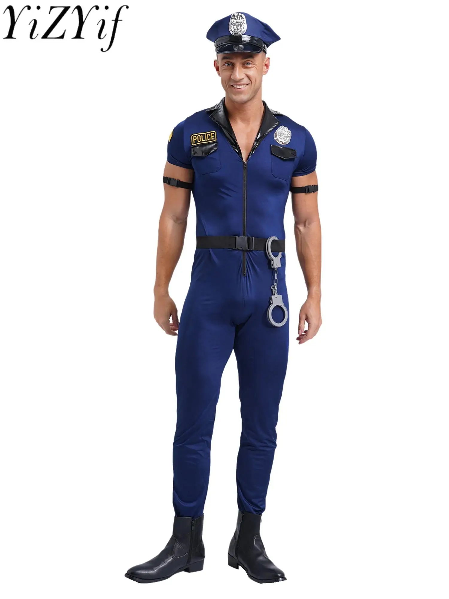 

Men Police Cosplay Halloween Costume Short Sleeve Front Zipper Jumpsuit Hat Belt Badge Outfit Cop Role Play Costumes Theme Party