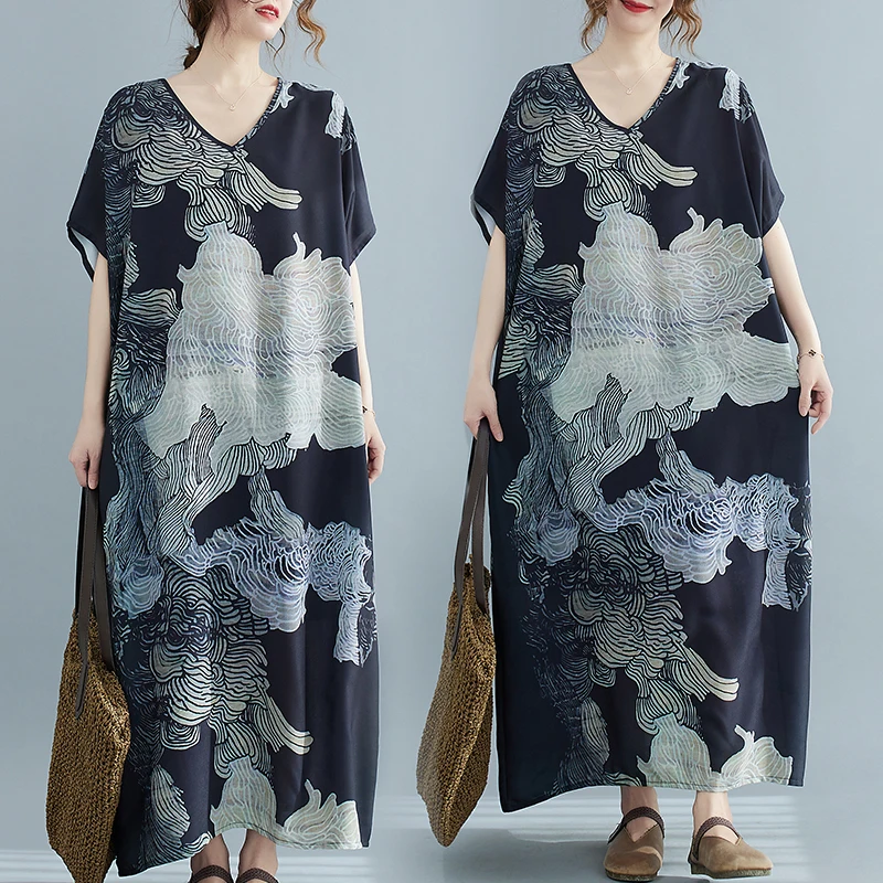 

Floral Print Cotton Linen Long Casual Dr ort Sve V-Ne plus Size Women's Loose Fit Robe Sle Summer Dr