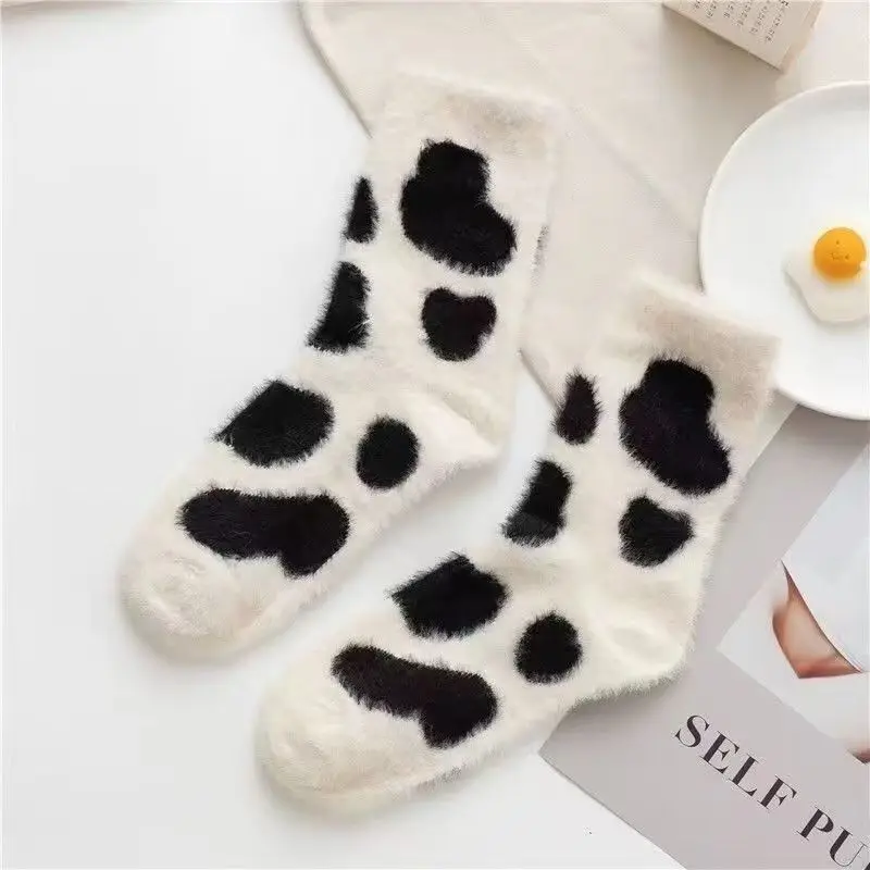 Cow Print Mink Plush Socks for Women Girl Mid Tube Stockings Warm Coral Velvet Sleep Floor Sock Winter Thermal Slipper Funny Sox