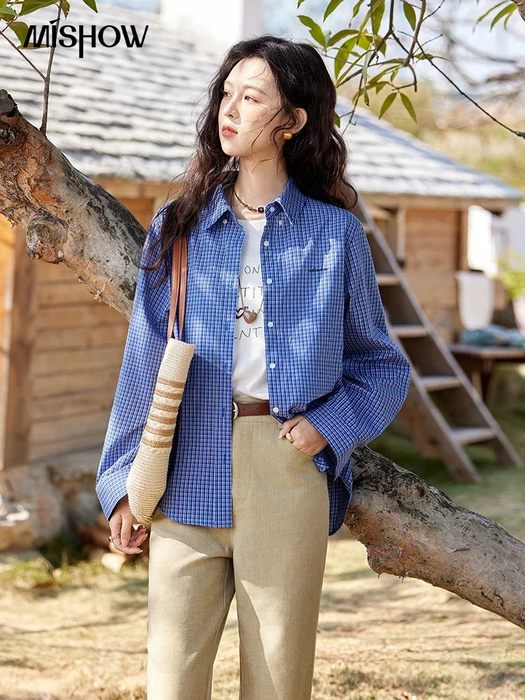 MISHOW Fashion Retro Blue Checkered Shirt Women's Spring New Loose Casual Lapel Cotton Shirts Long Sleeves Tops Women MXE11C0398